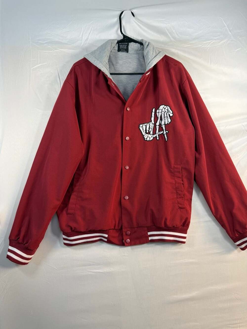 Original Deluxe Supply Hooded Varsity Jacket XL Red Skeleton Hand LA